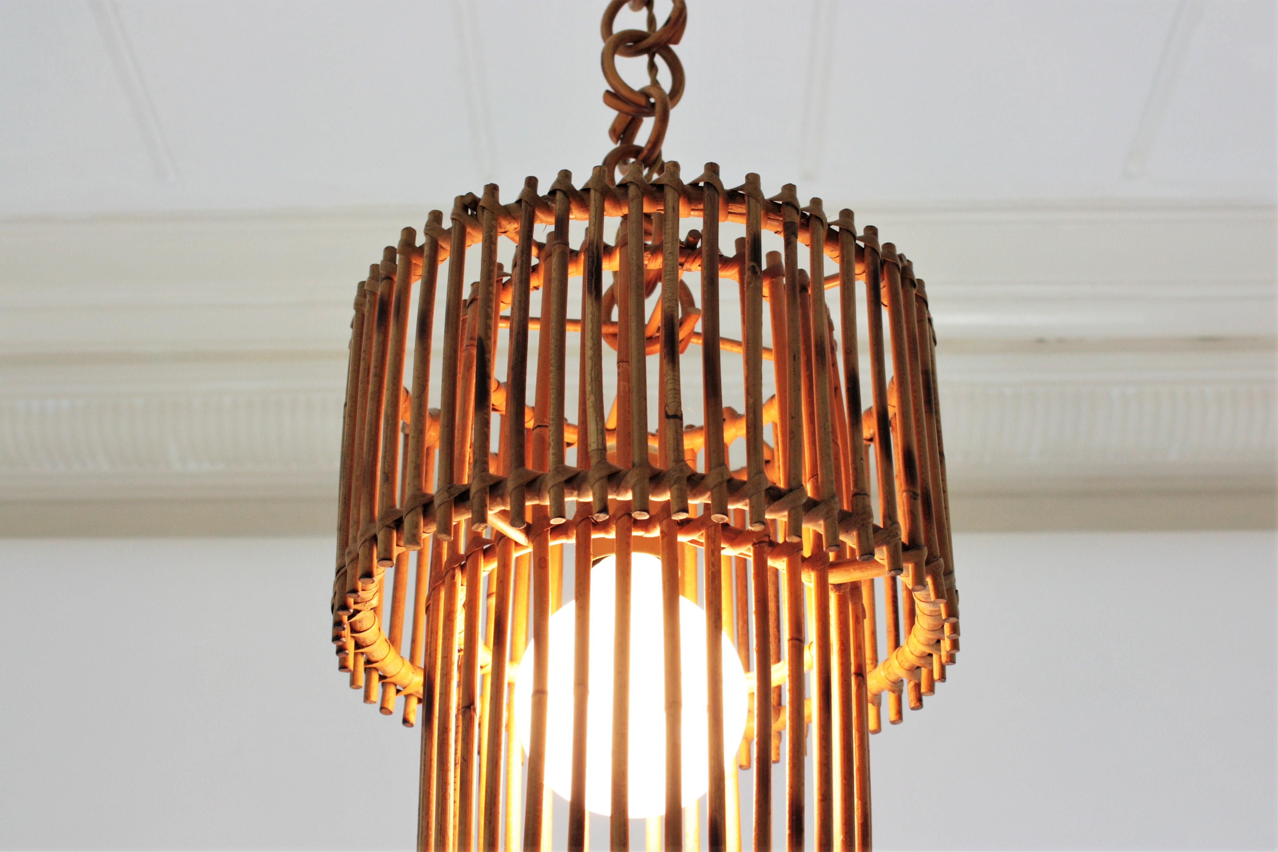 Hand-Crafted  Rattan Cylinder Pendant Hanging Light or Lantern, 1960s For Sale