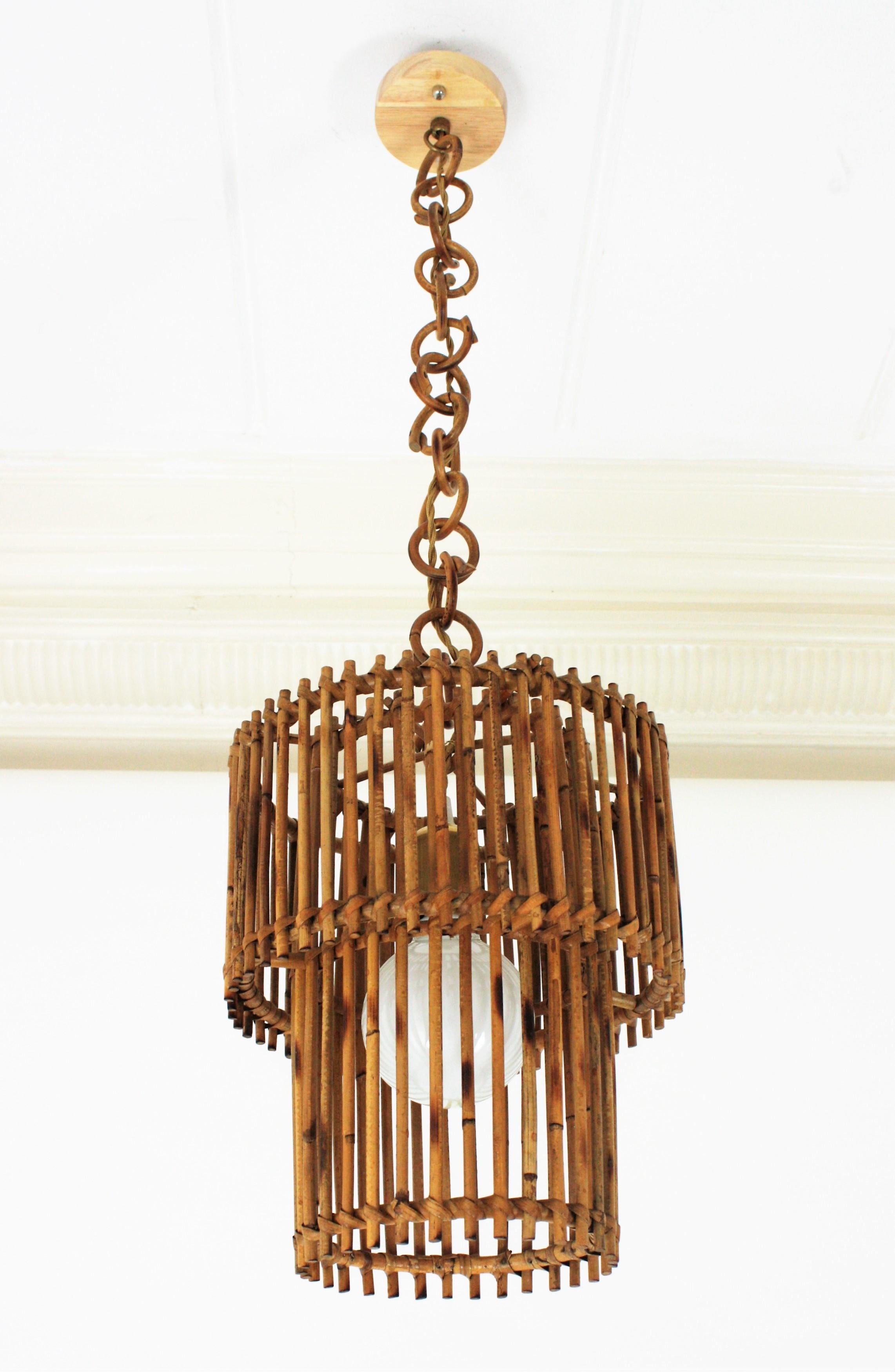  Rattan Cylinder Pendant Hanging Light or Lantern, 1960s In Good Condition For Sale In Barcelona, ES