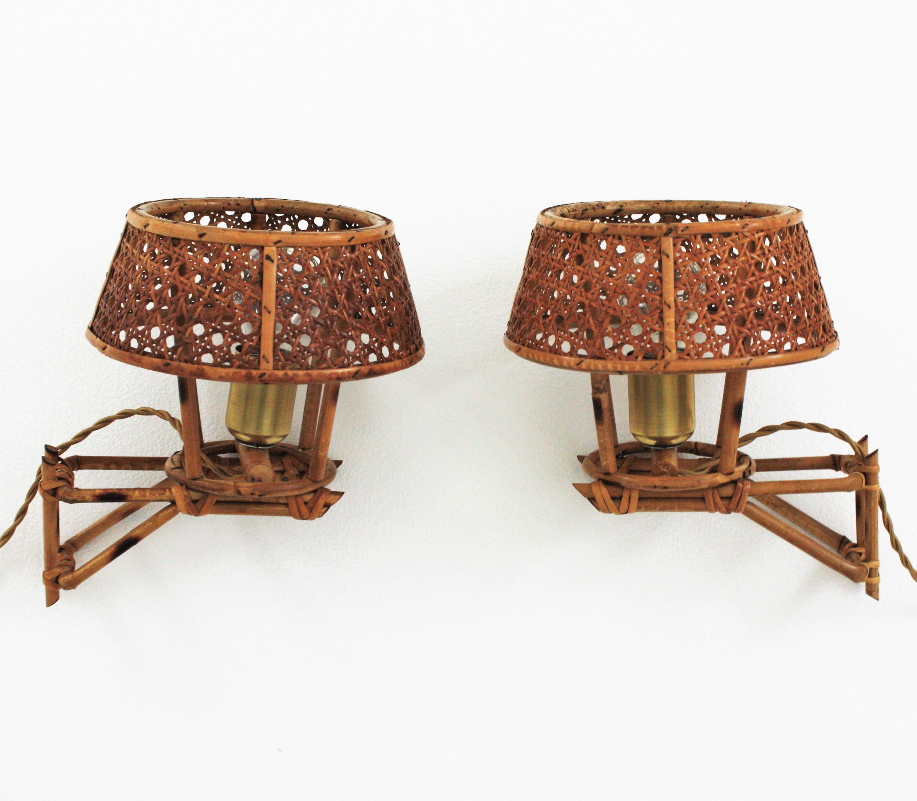 Mid-Century Modern Italian Modern Rattan Wall Lights with Woven Wicker Shades