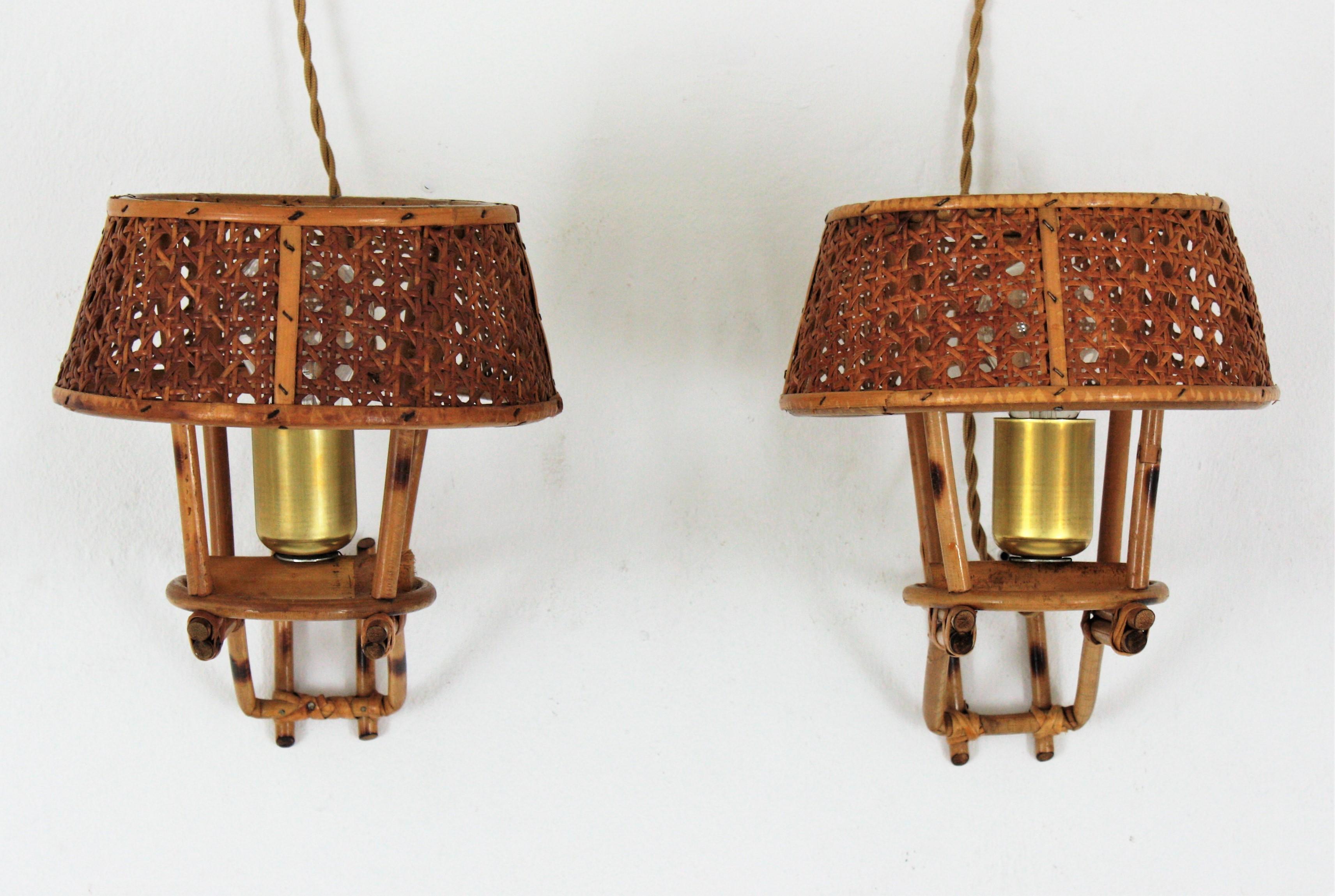 20th Century Italian Modern Rattan Wall Lights with Woven Wicker Shades