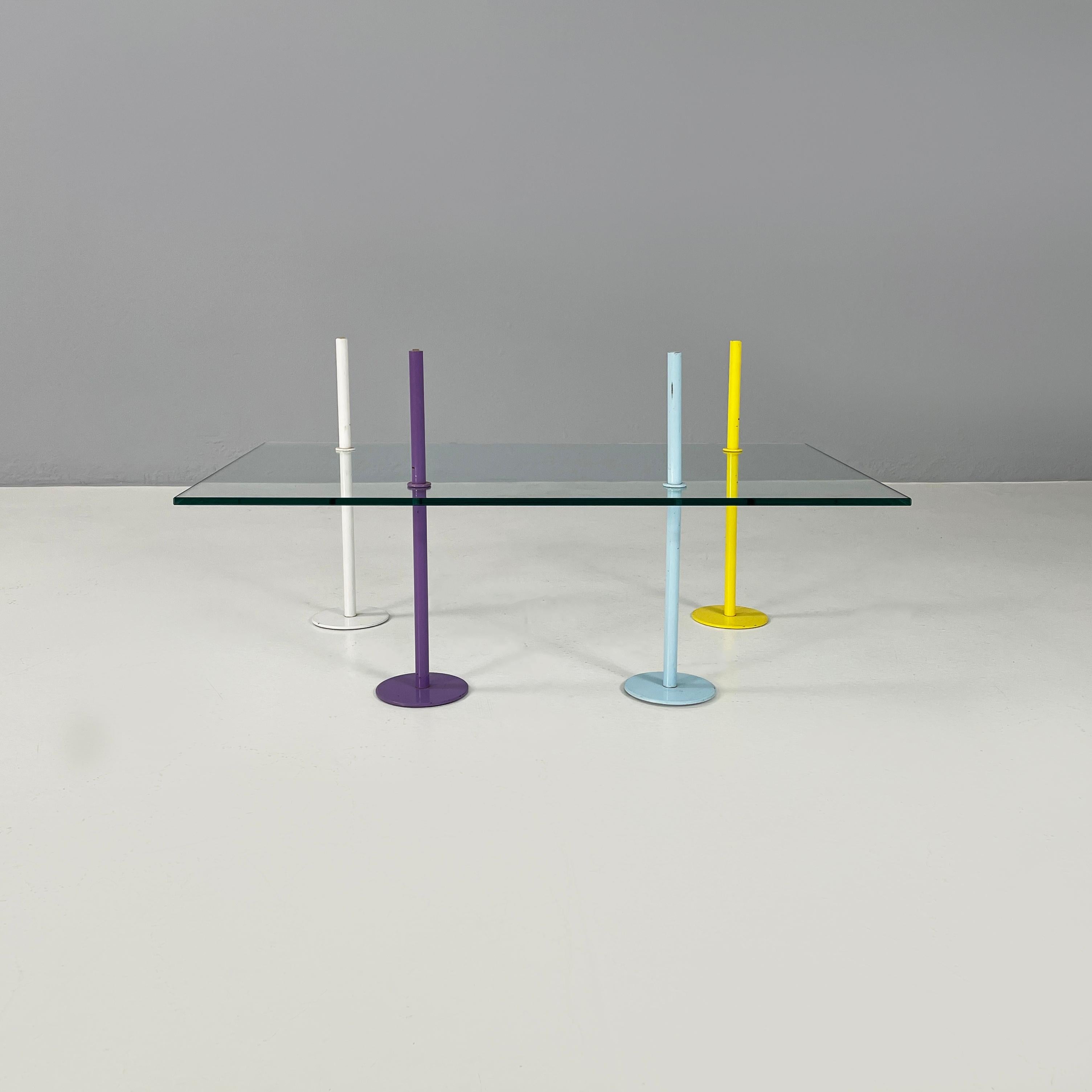 Moderno Italian modern Rectangular Coffe table in glass and colored metal rods, 1980s in vendita