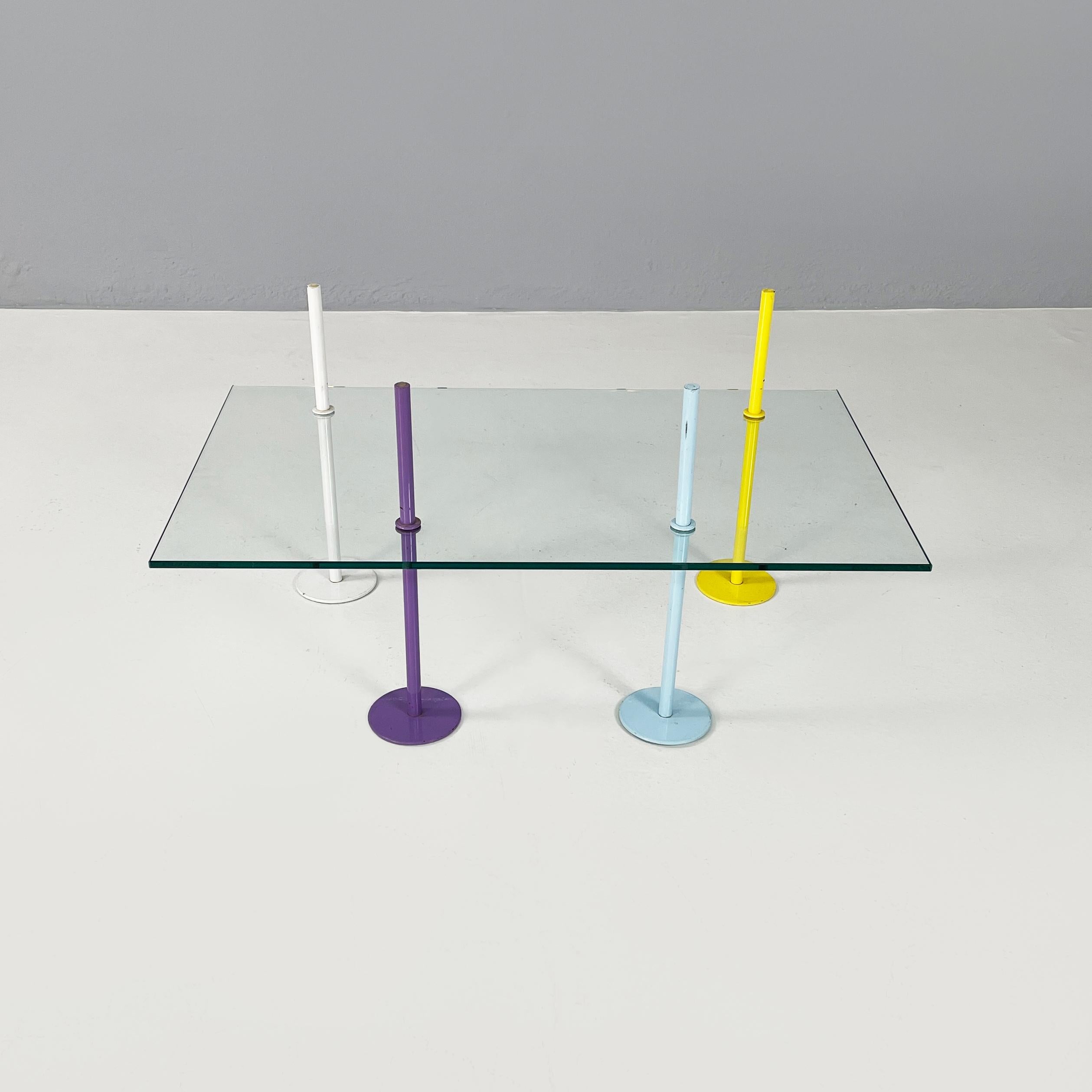 Late 20th Century Italian modern Rectangular Coffe table in glass and colored metal rods, 1980s For Sale
