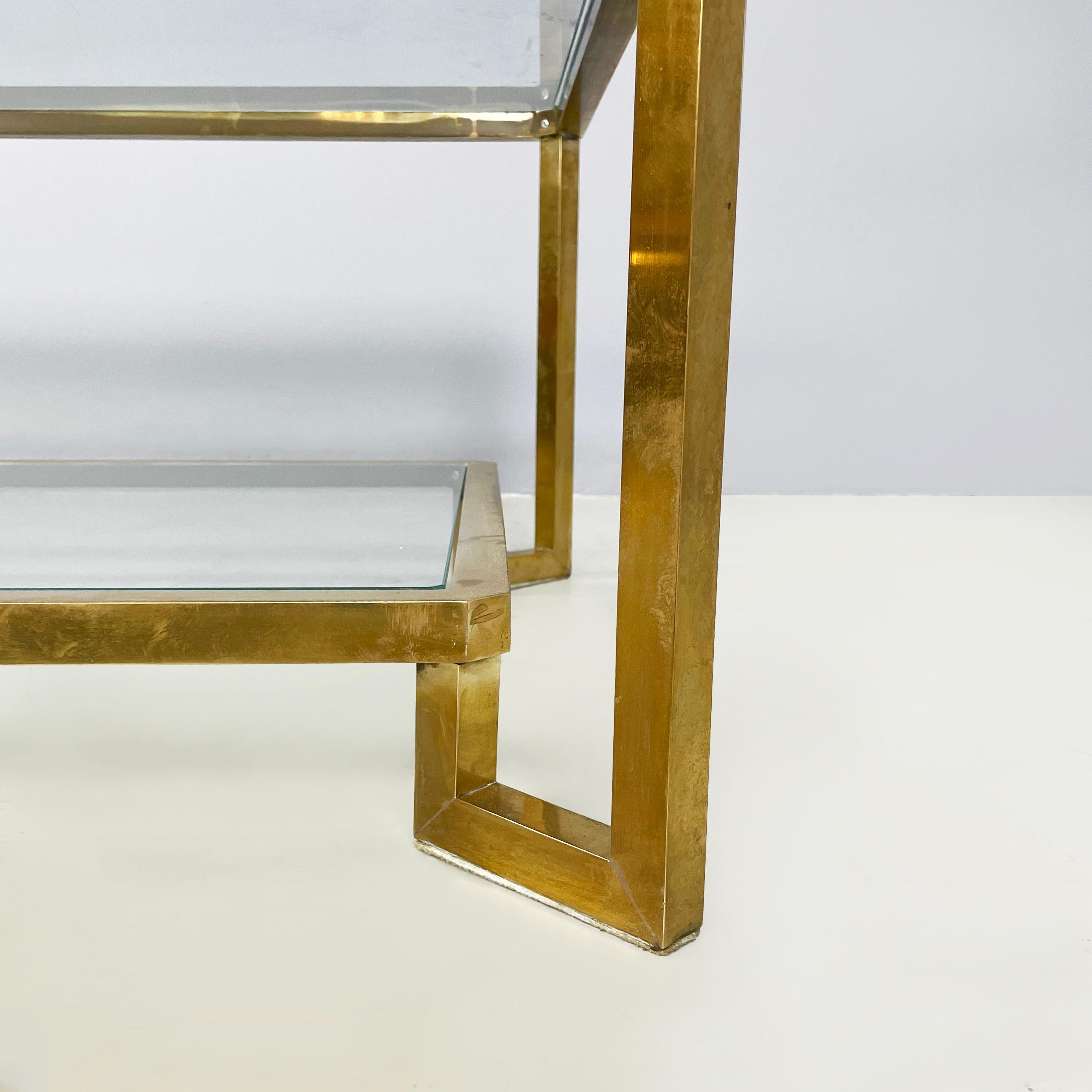 Italian modern Rectangular coffee table with 2 shelves in brass and glass, 1970s 6