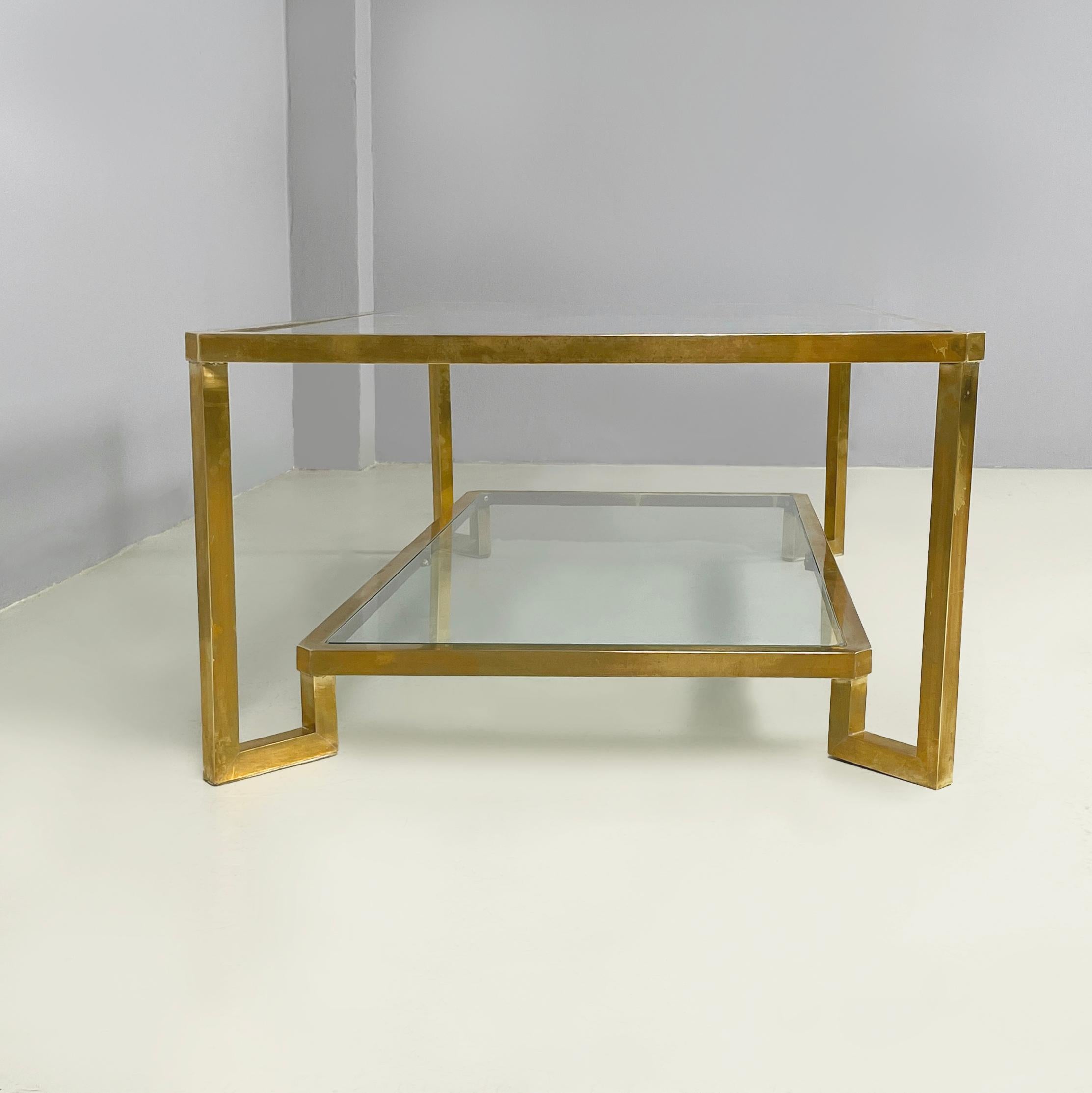 Modern Italian modern Rectangular coffee table with 2 shelves in brass and glass, 1970s
