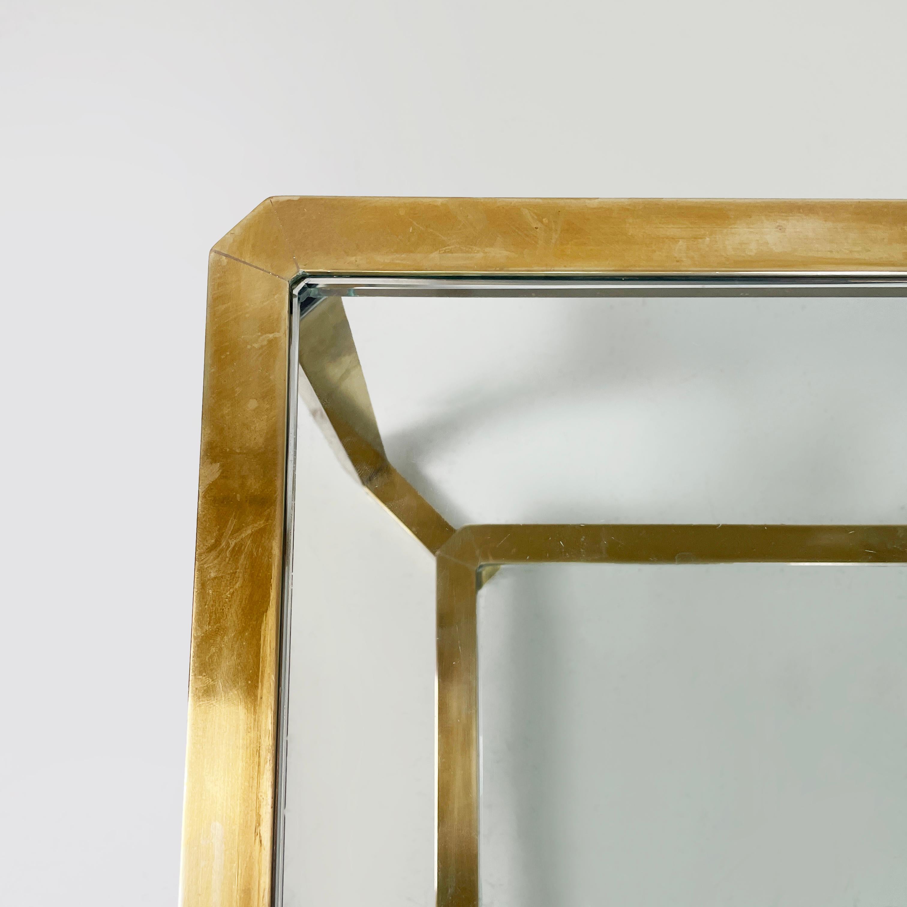 Brass Italian modern Rectangular coffee table with 2 shelves in brass and glass, 1970s