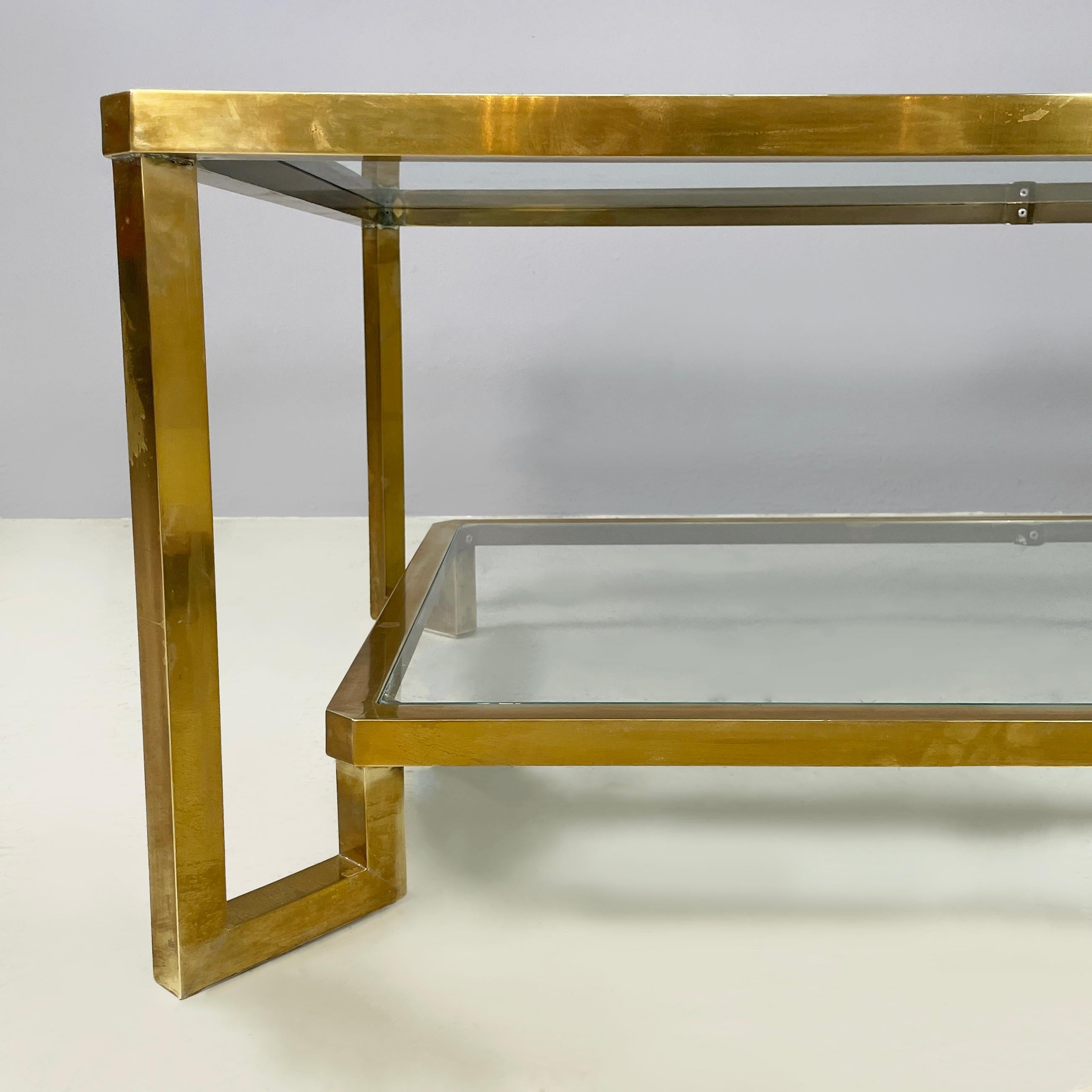 Italian modern Rectangular coffee table with 2 shelves in brass and glass, 1970s 1