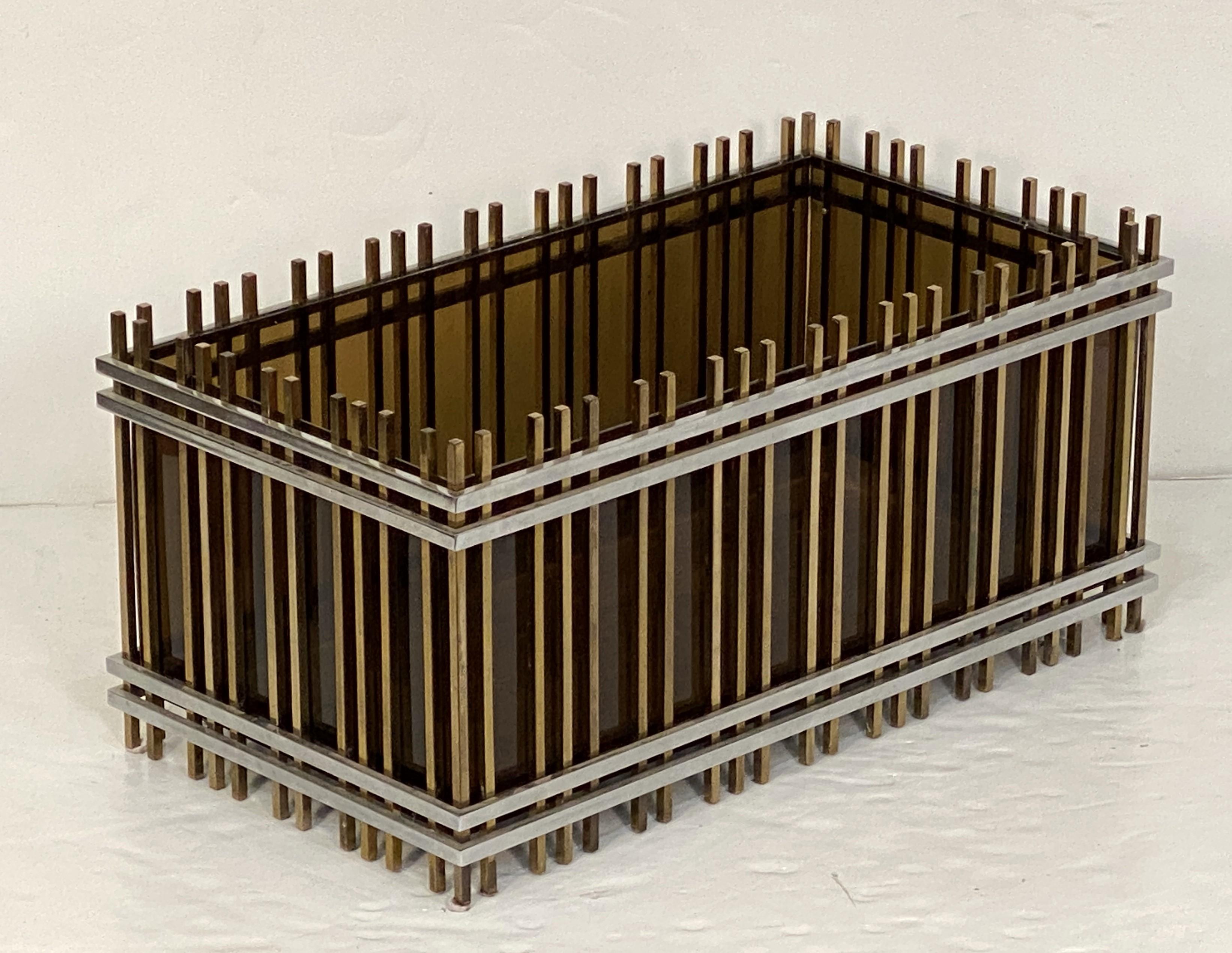 20th Century Italian Modern Rectangular Planter Box or Fioriera of Brass and Chrome For Sale