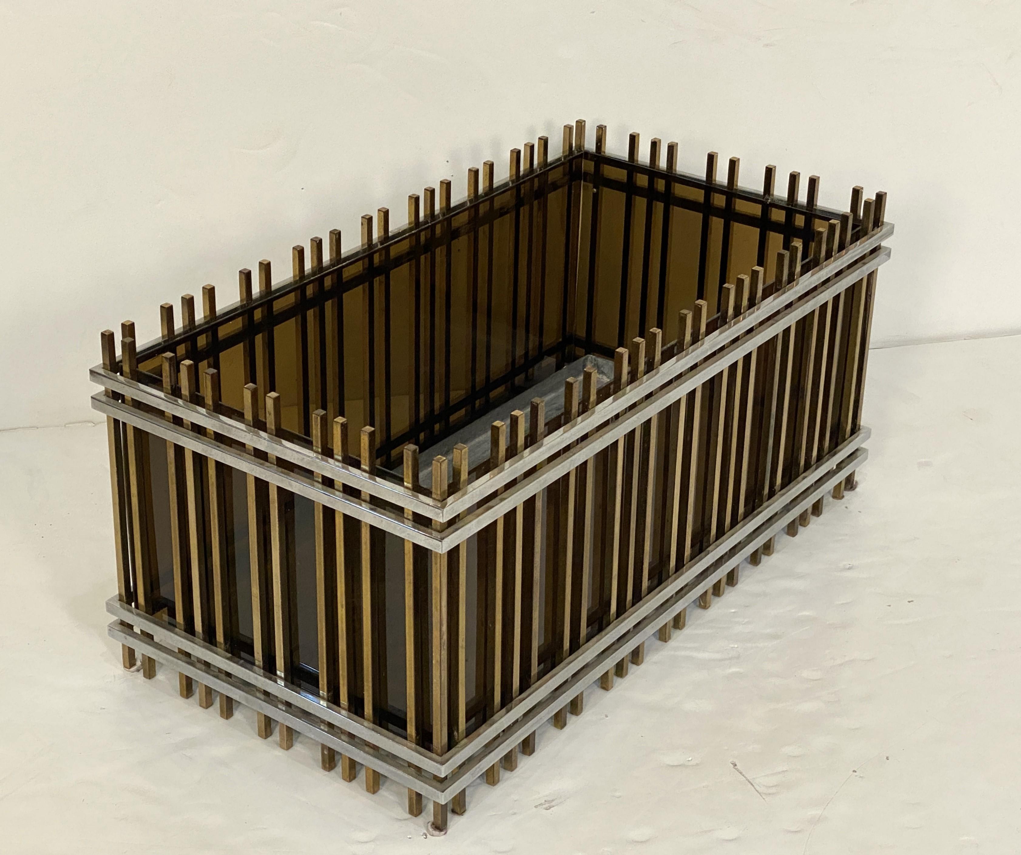 Metal Italian Modern Rectangular Planter Box or Fioriera of Brass and Chrome For Sale