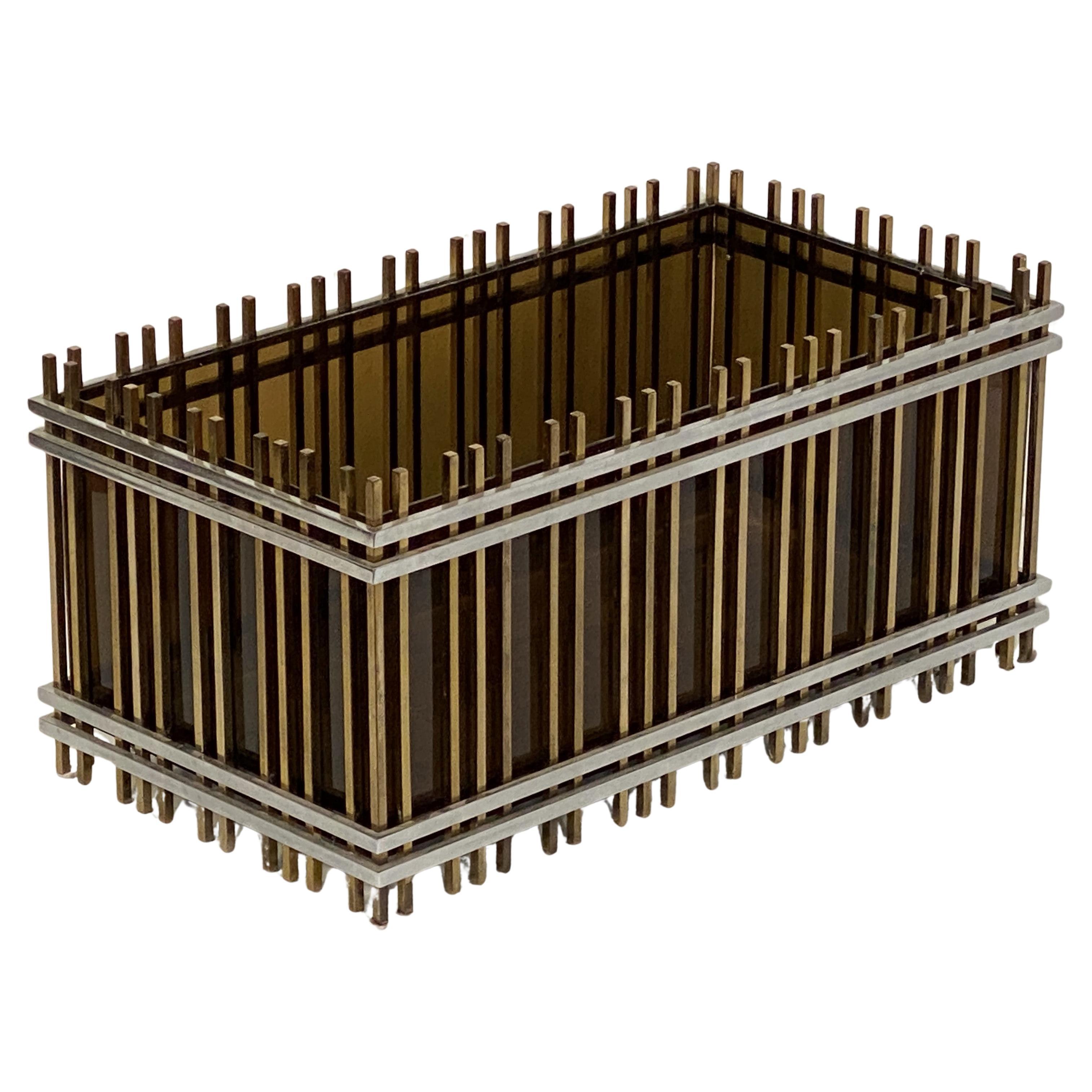 Italian Modern Rectangular Planter Box or Fioriera of Brass and Chrome For Sale