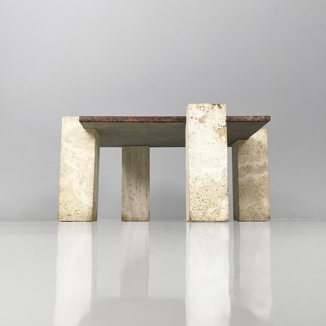 Italian modern rectangular red granite and travertine coffee table, 1970s For Sale 4