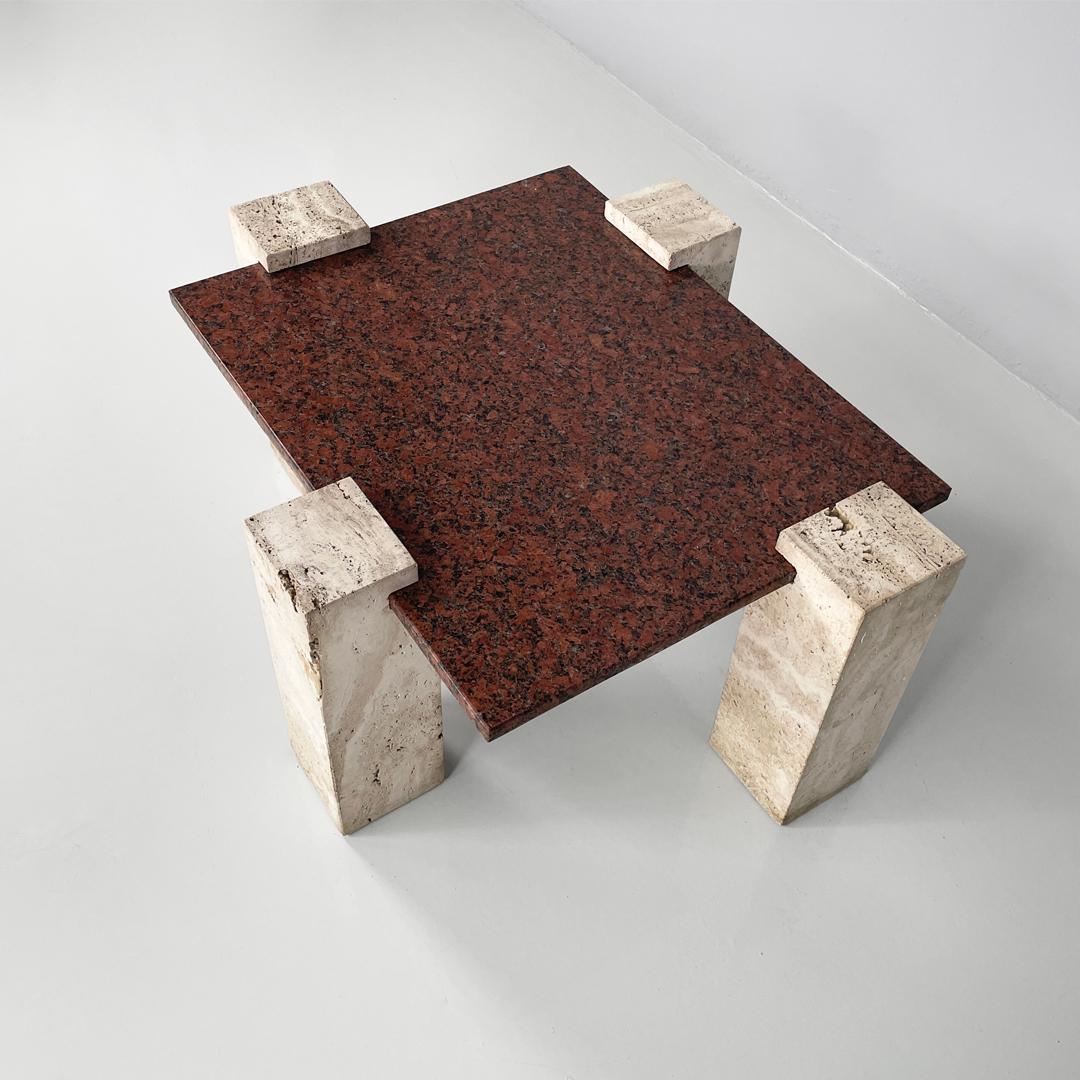 Italian modern rectangular red granite and travertine coffee table, 1970s For Sale 5