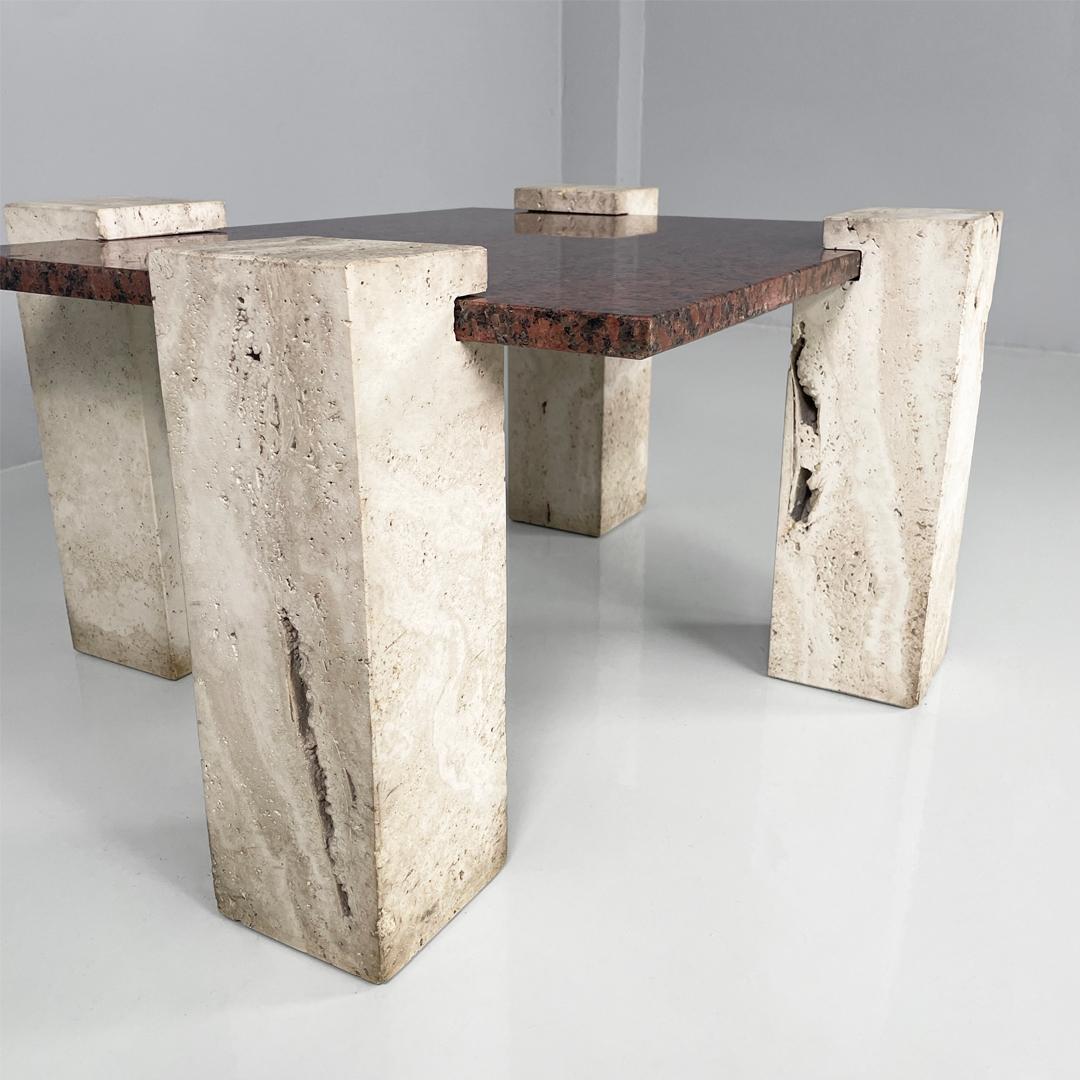Italian modern rectangular red granite and travertine coffee table, 1970s For Sale 6