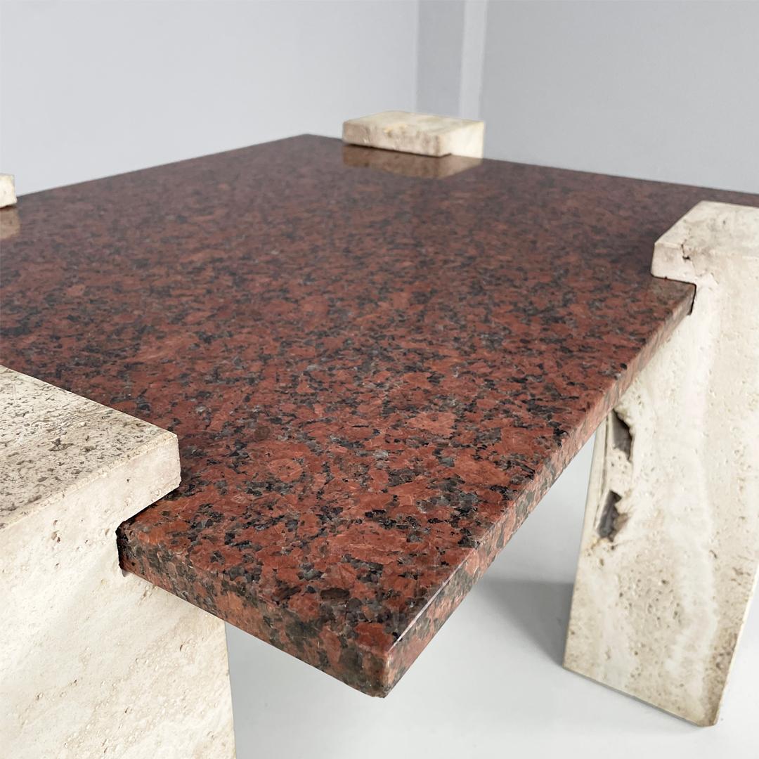 Italian modern rectangular red granite and travertine coffee table, 1970s For Sale 7