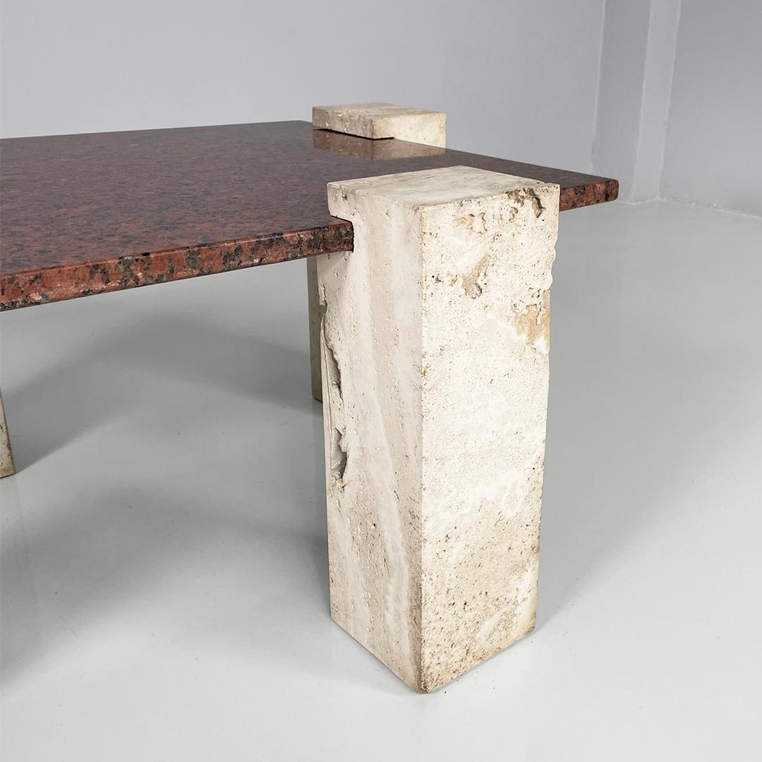 Italian modern rectangular red granite and travertine coffee table, 1970s For Sale 8