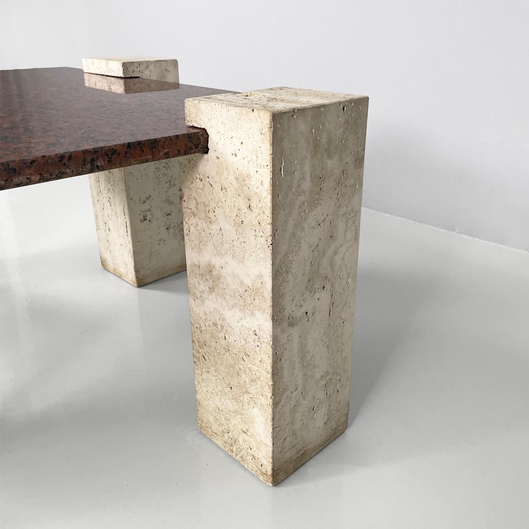 Italian modern rectangular red granite and travertine coffee table, 1970s For Sale 9