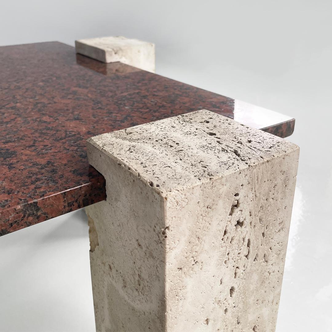 Italian modern rectangular red granite and travertine coffee table, 1970s For Sale 10