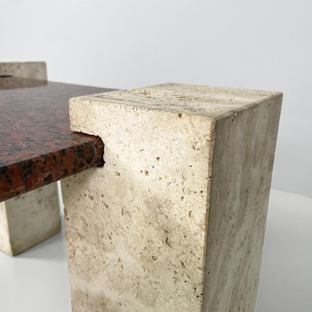 Italian modern rectangular red granite and travertine coffee table, 1970s For Sale 11