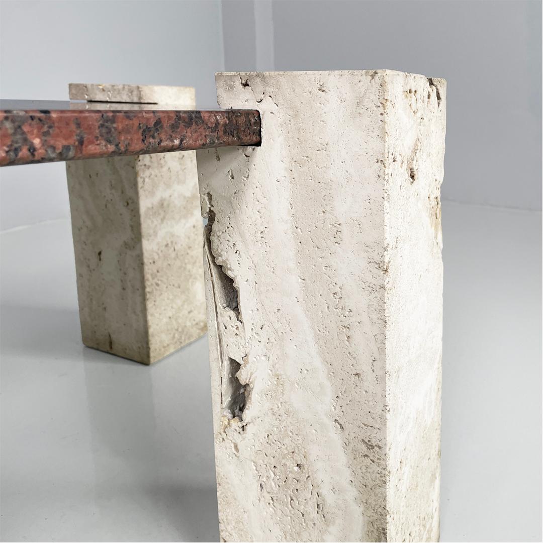 Italian modern rectangular red granite and travertine coffee table, 1970s For Sale 12