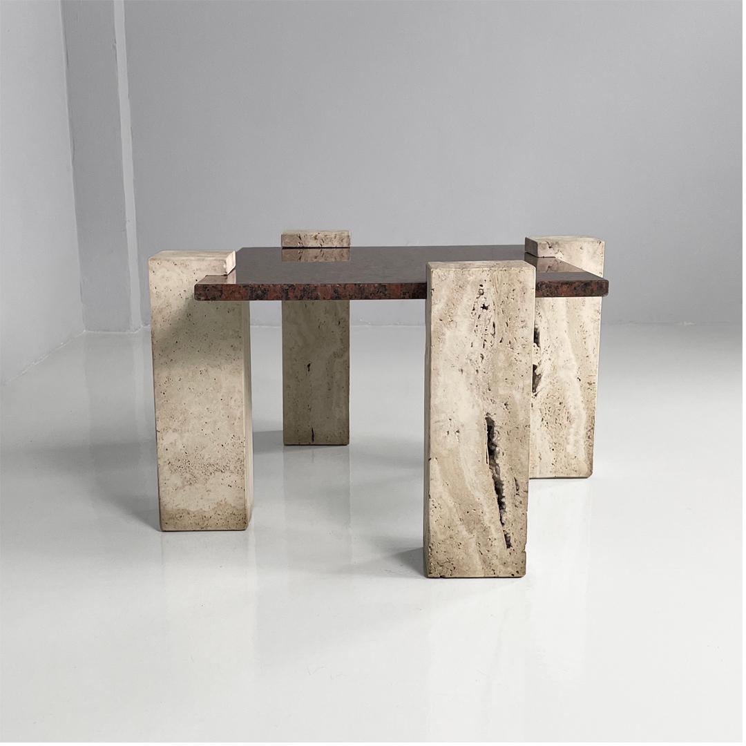 Italian modern rectangular red granite and travertine coffee table, 1970s
Rectangular coffee table with red granite top. The table is composed of five elements that can be assembled together.
The structure has four square-section legs in travertine