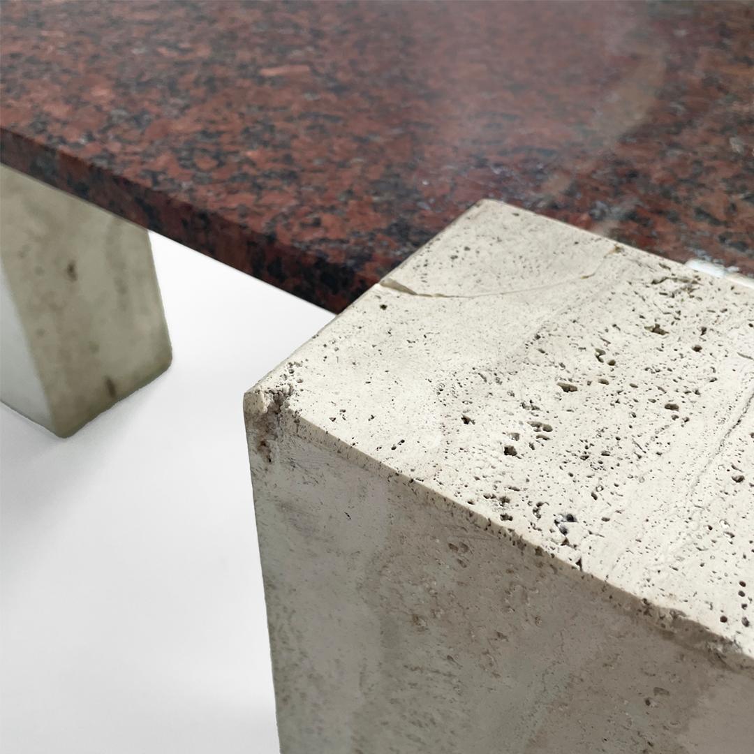 Italian modern rectangular red granite and travertine coffee table, 1970s For Sale 14