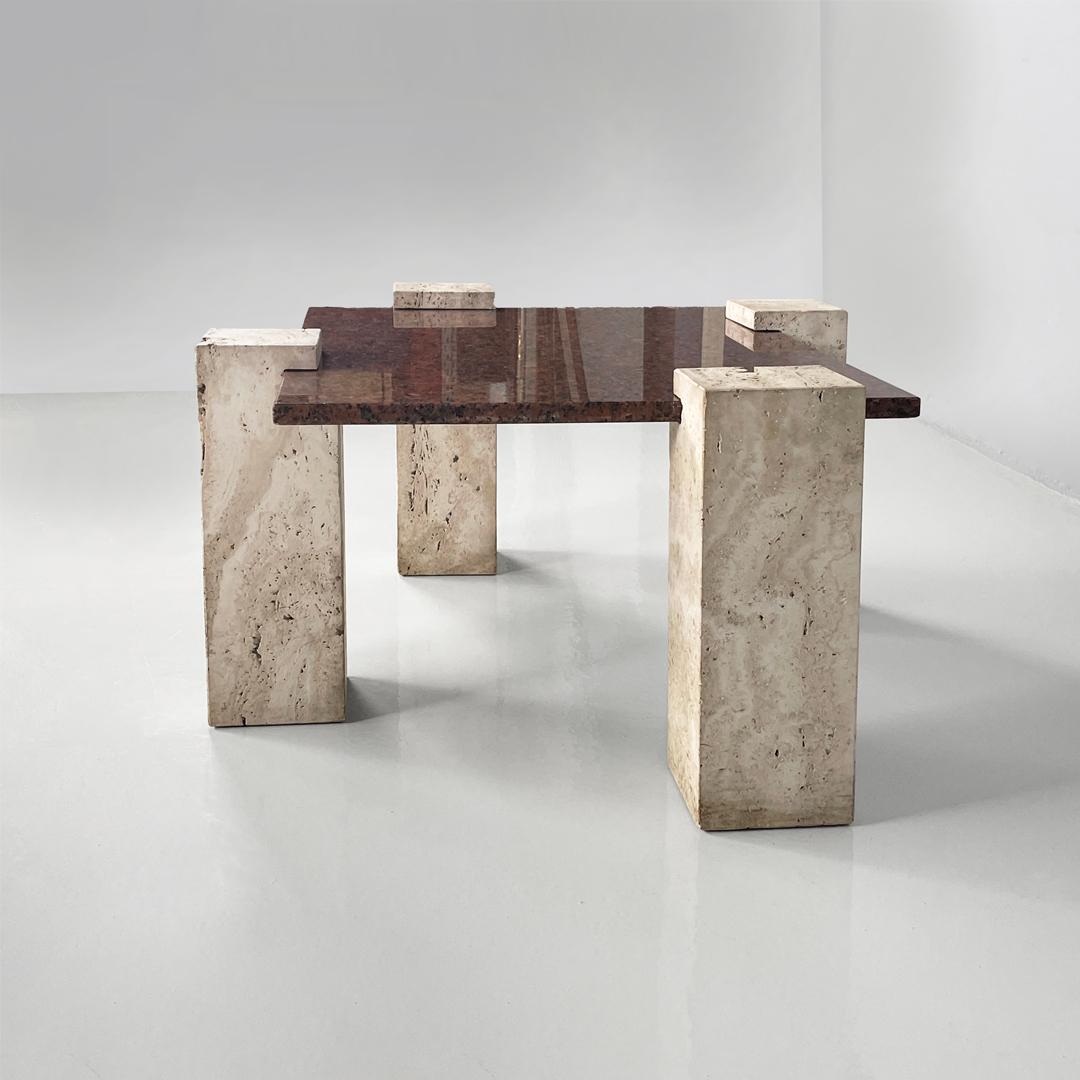 Modern Italian modern rectangular red granite and travertine coffee table, 1970s For Sale