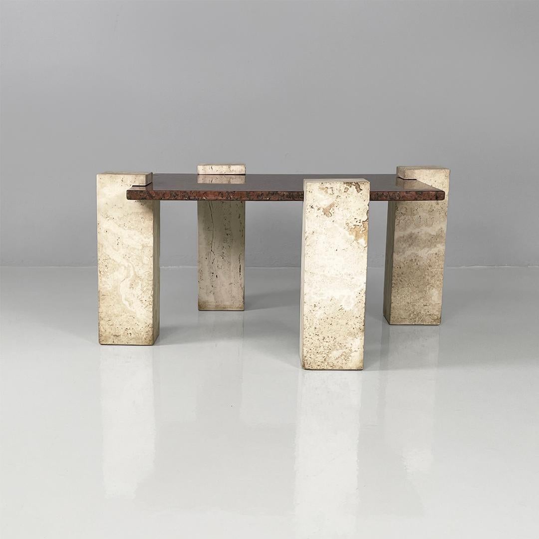 Italian modern rectangular red granite and travertine coffee table, 1970s In Good Condition For Sale In MIlano, IT
