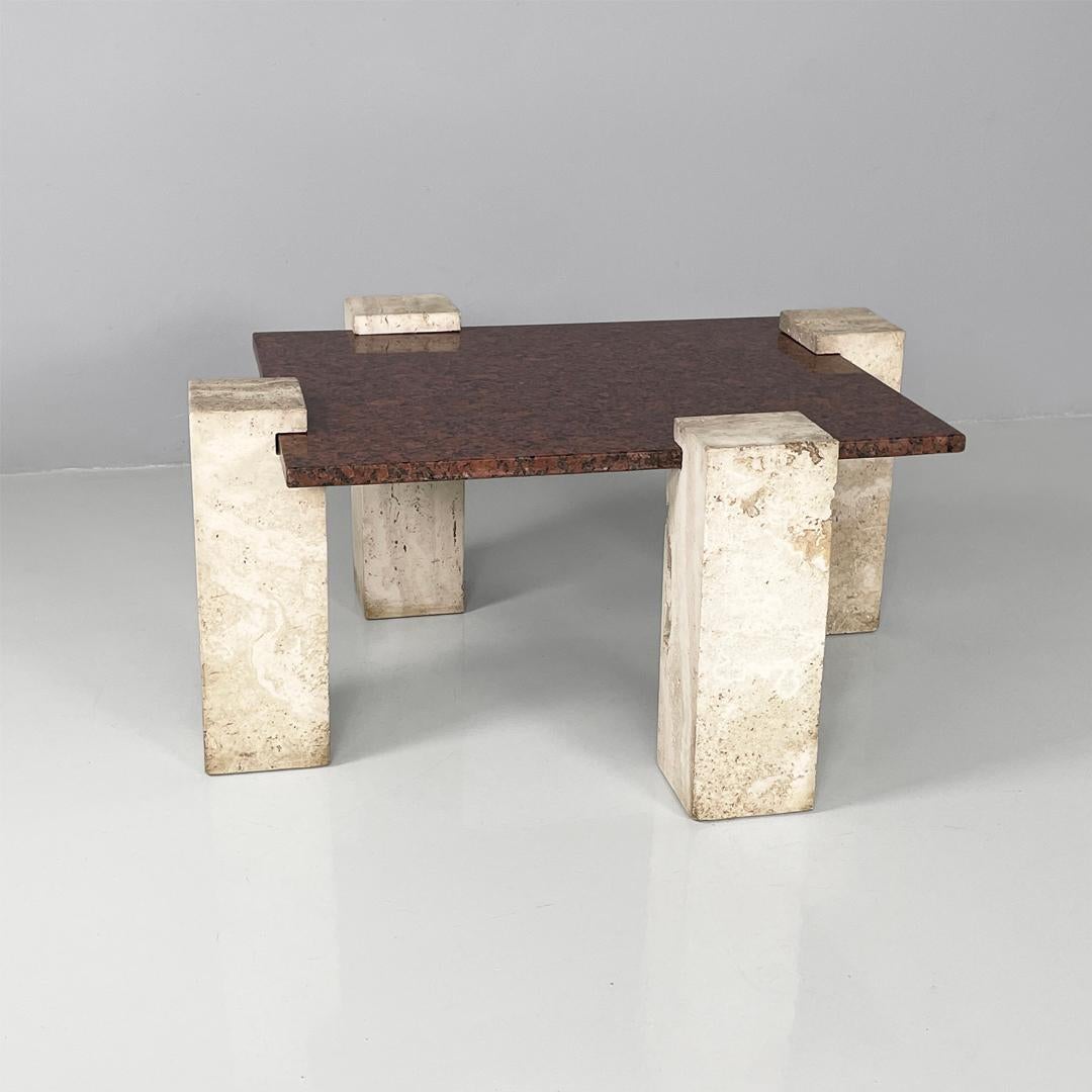 Late 20th Century Italian modern rectangular red granite and travertine coffee table, 1970s For Sale