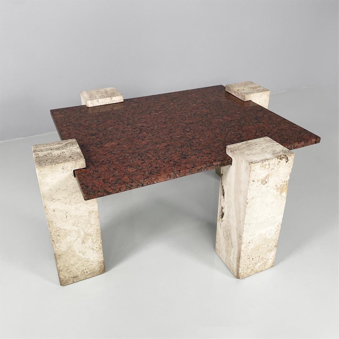 Travertine Italian modern rectangular red granite and travertine coffee table, 1970s For Sale