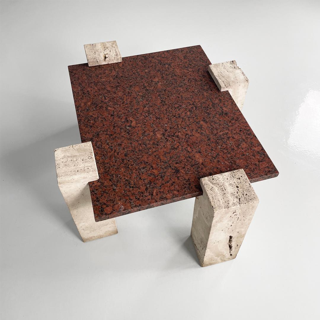 Italian modern rectangular red granite and travertine coffee table, 1970s For Sale 1