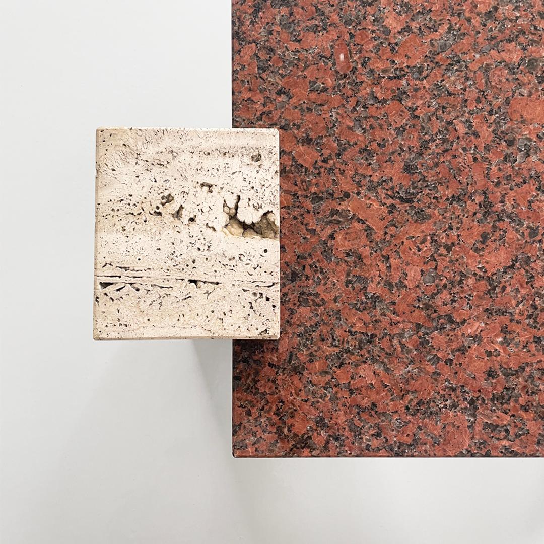 Italian modern rectangular red granite and travertine coffee table, 1970s For Sale 3