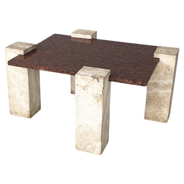 Italian modern rectangular red granite and travertine coffee table, 1970s For Sale