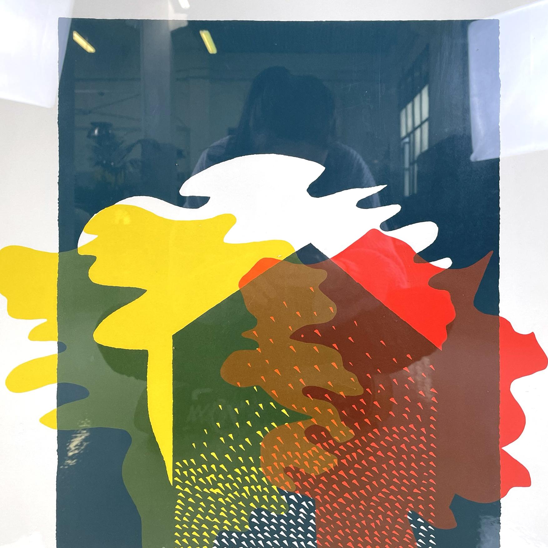 Italienisch modern Rechteckiger Siebdruck eines Hauses im Rahmen, 1980
Rechteckiger Siebdruck auf weißem Papier, der eine Silhouette eines Hauses darstellt. Die vorhandenen Farben sind Mitternachtsblau, Rot und Gelb. In weiß lackiertem