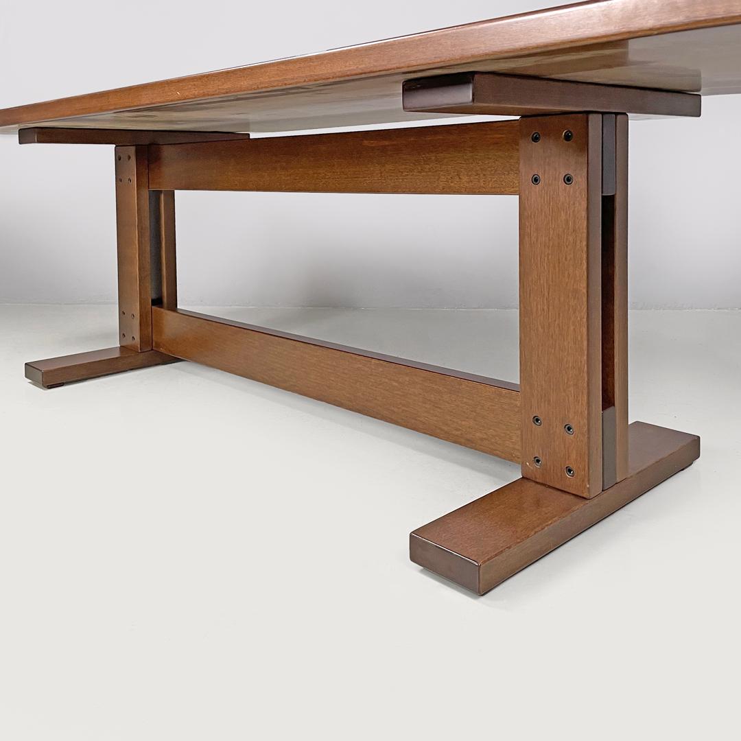 Italian modern rectangular wooden dining room table with two central beams 1970s en venta 9