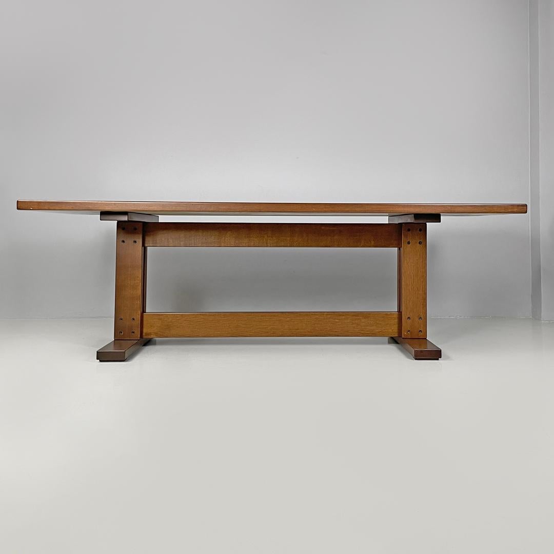 Mesa de comedor italiana moderna rectangular de madera con dos vigas centrales Años 70
Mesa de comedor de madera. Tiene dos patas unidas por una viga en la parte superior y otra en la inferior, y termina con dos listones.
1970s.
Buen estado, con