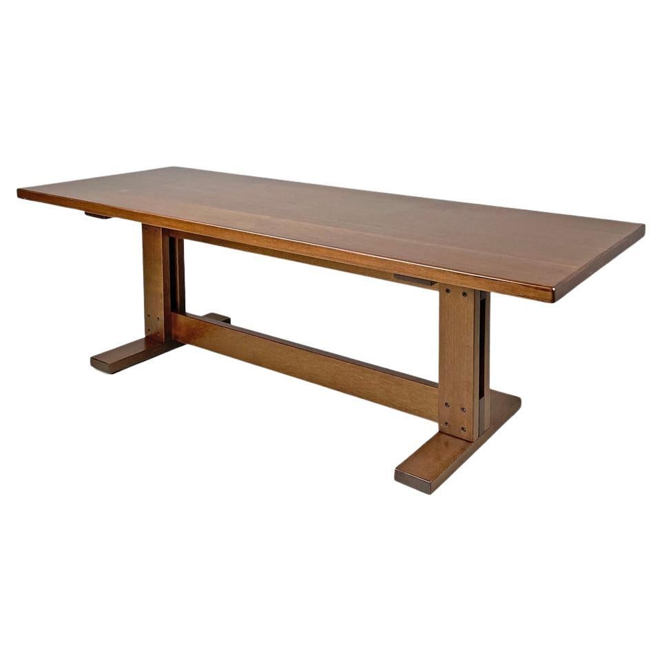 Italian modern rectangular wooden dining room table with two central beams 1970s
