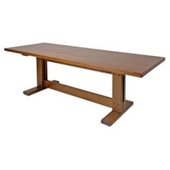 Italian modern rectangular wooden dining room table with two central beams 1970s