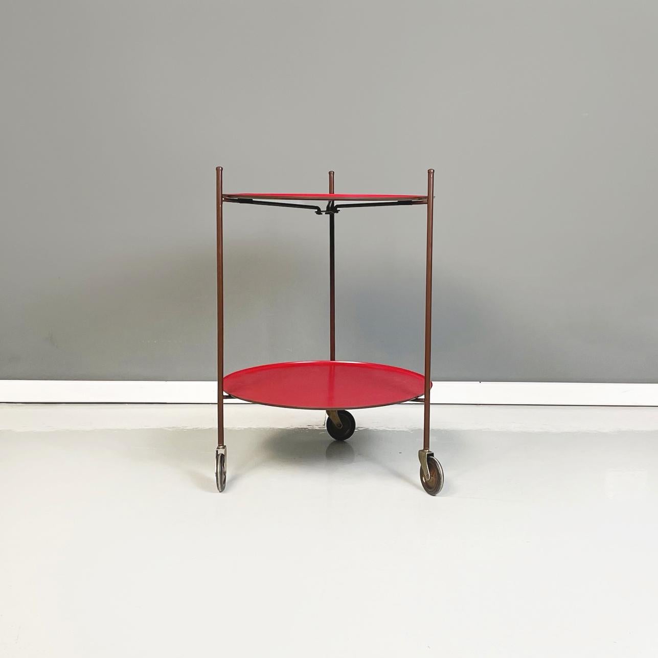 Italian Modern Red and Brown Round Cart with Tubular Metal, 1970s In Good Condition In MIlano, IT