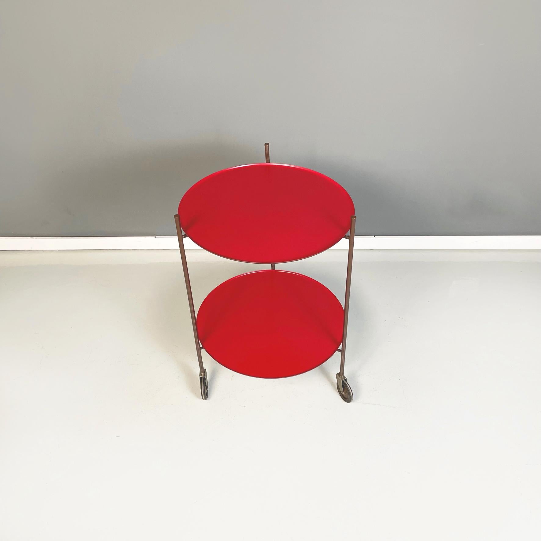 Late 20th Century Italian Modern Red and Brown Round Cart with Tubular Metal, 1970s