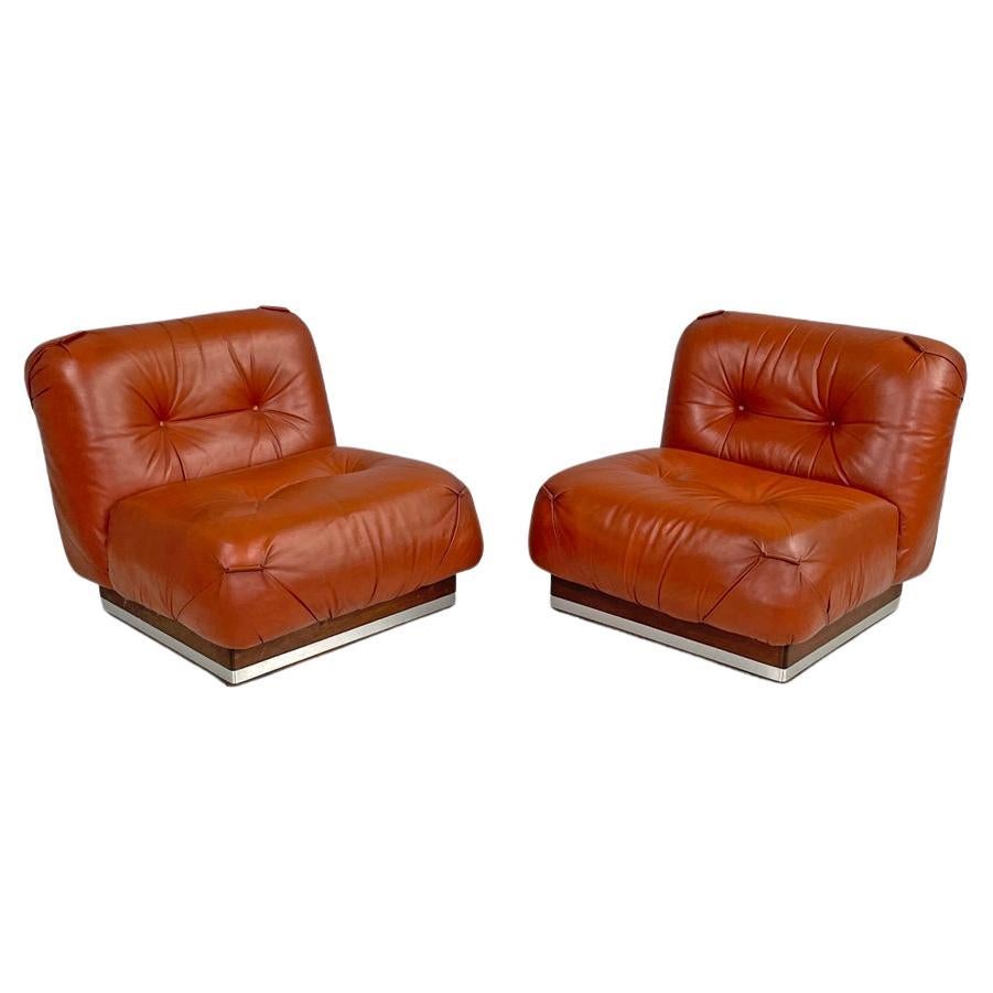 Italian modern red brown armchairs with wooden and metal base and buttons, 1970s