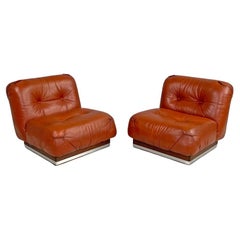 Italian modern red brown armchairs with wooden and metal base and buttons, 1970s