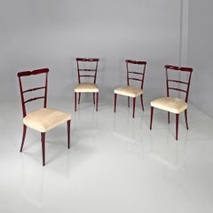 Chaises modernes italiennes en bois laqué rouge avec tissu blanc ivoire, 1970