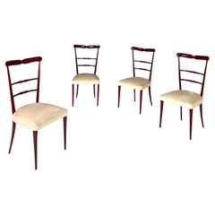 Italian modern red lacquered wooden chairs with ivory white fabric, 1970s