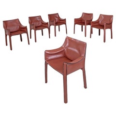 Vintage Italian modern red leather CAB 413 armchairs by Mario Bellini for Cassina, 1977