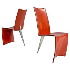 Vintage Italian modern red leather chairs Ed Archer by Philippe Starck for Driade, 1980s
