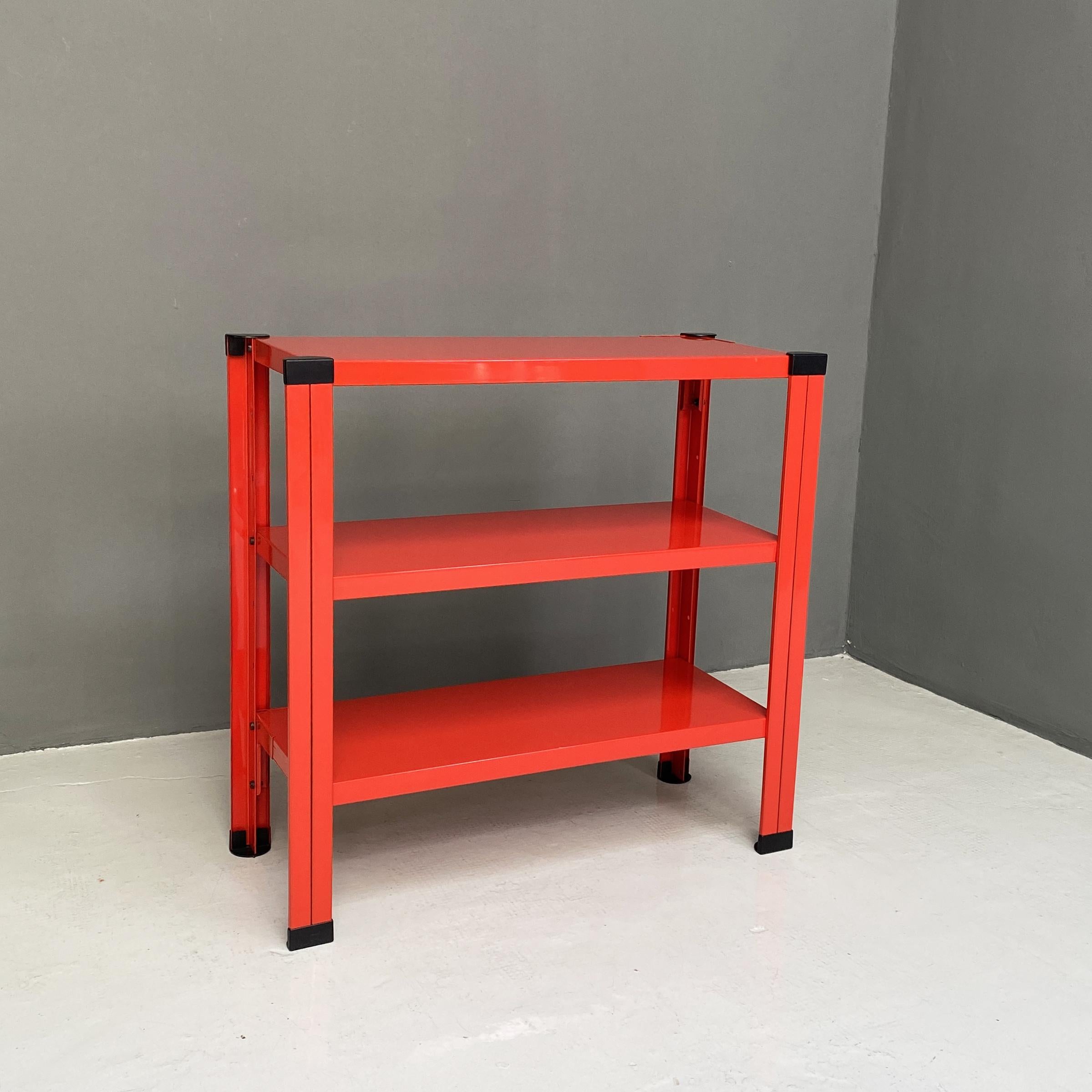 Late 20th Century Italian Modern Red Three-Shelf Metal Bookcase, 1980s For Sale
