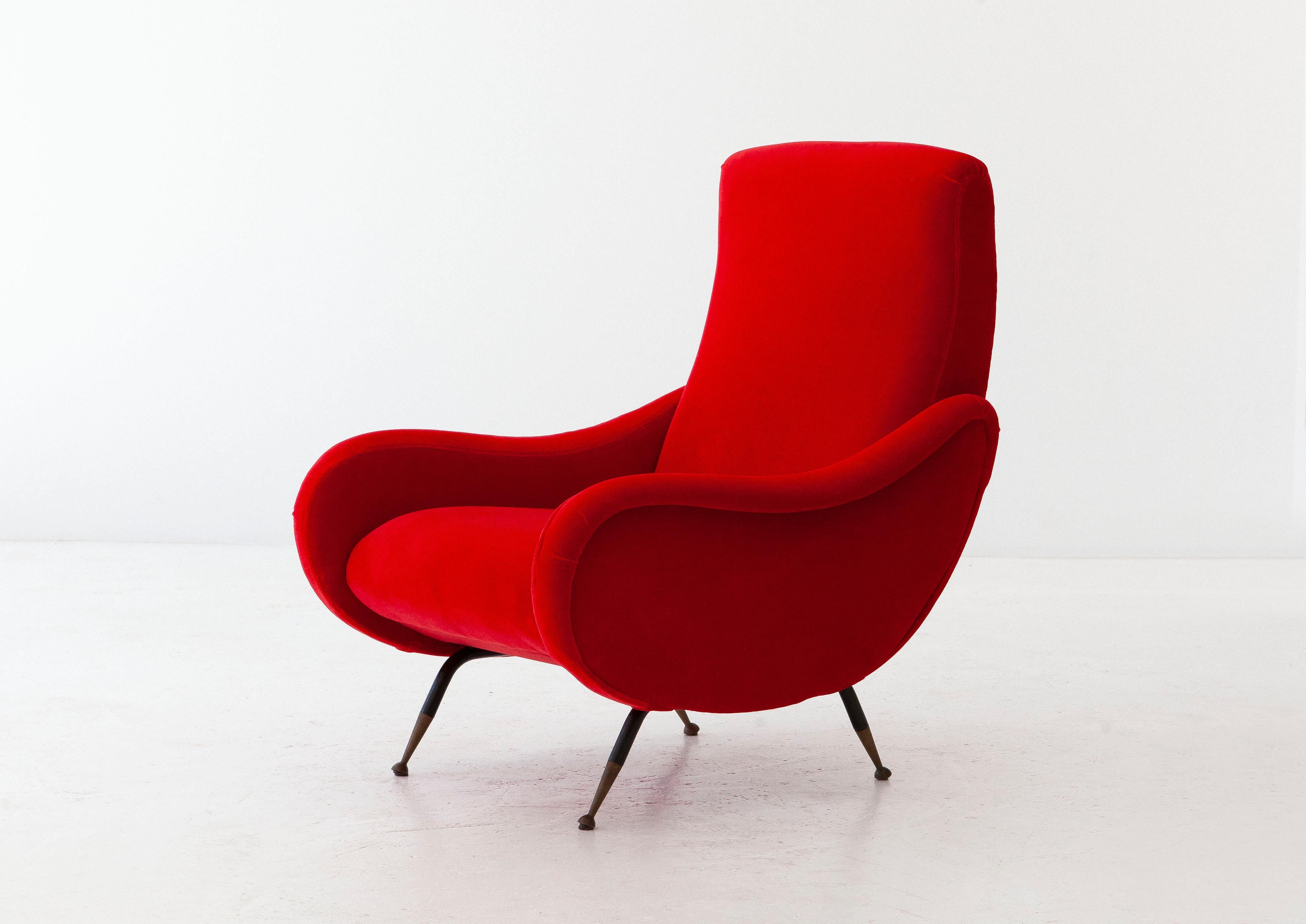 Mid-Century Modern Italian Modern Red Velvet Armchair, 1950s