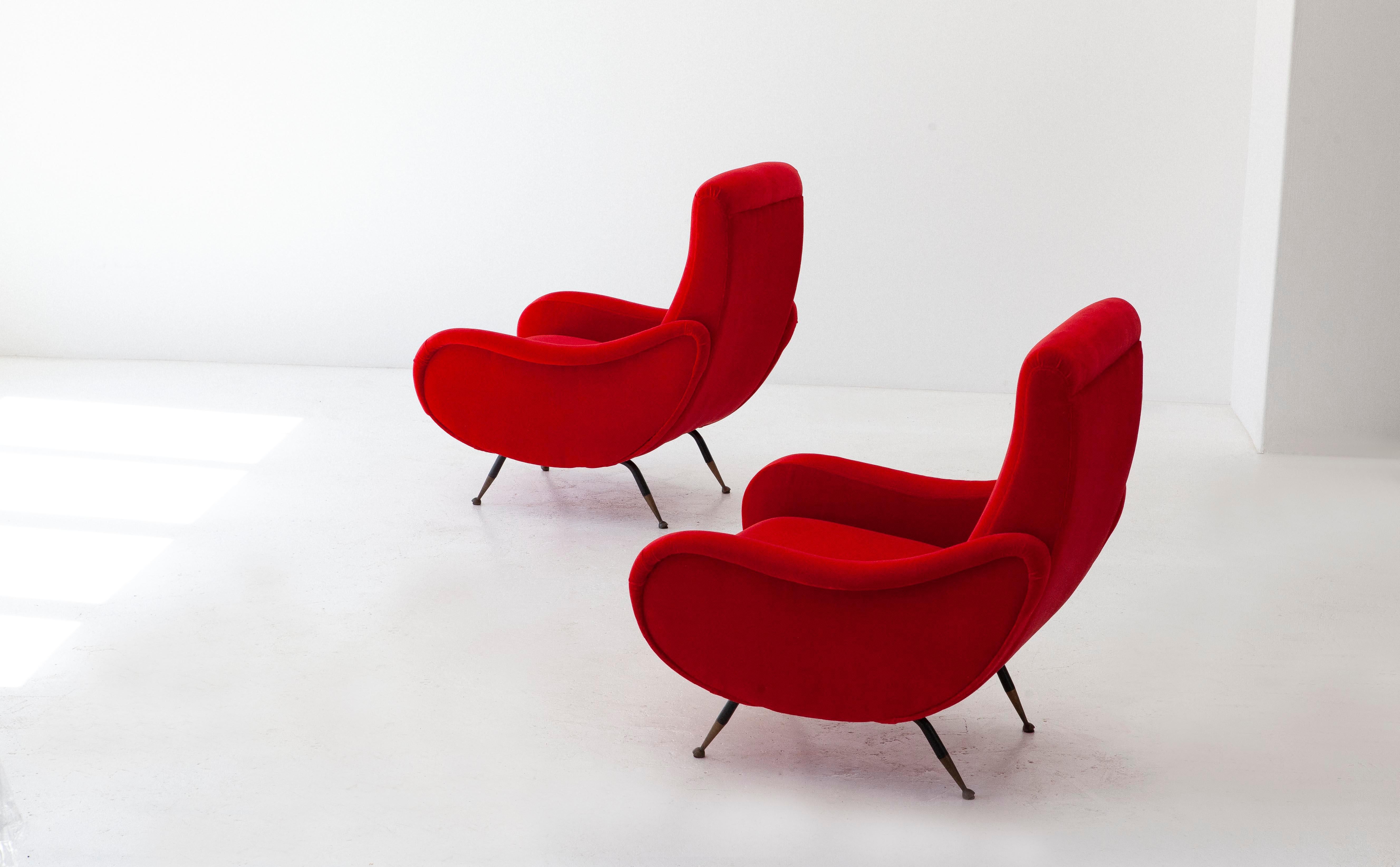 Mid-Century Modern Italian Modern Red Velvet Armchairs, 1950s
