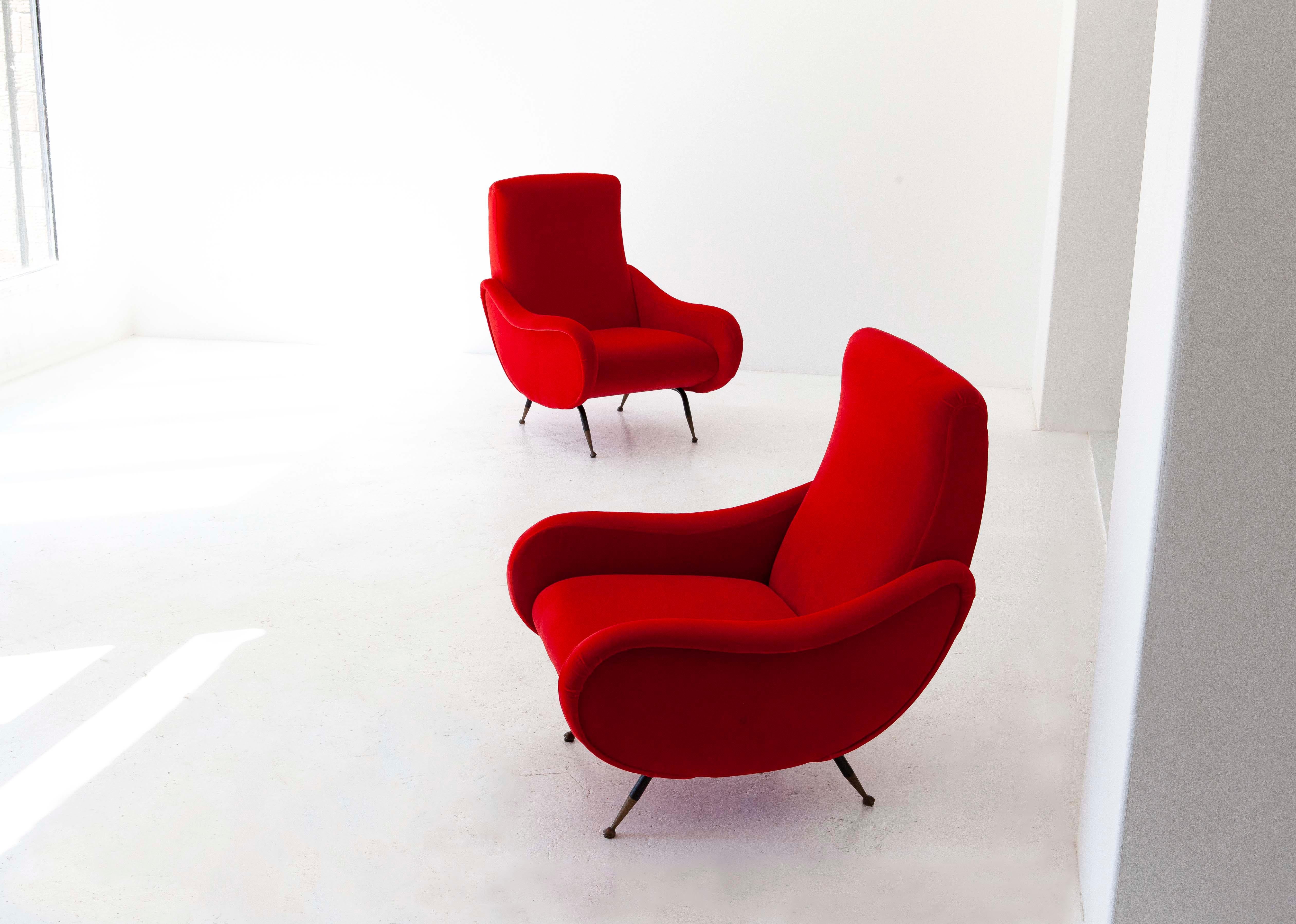 Mid-20th Century Italian Modern Red Velvet Armchairs, 1950s