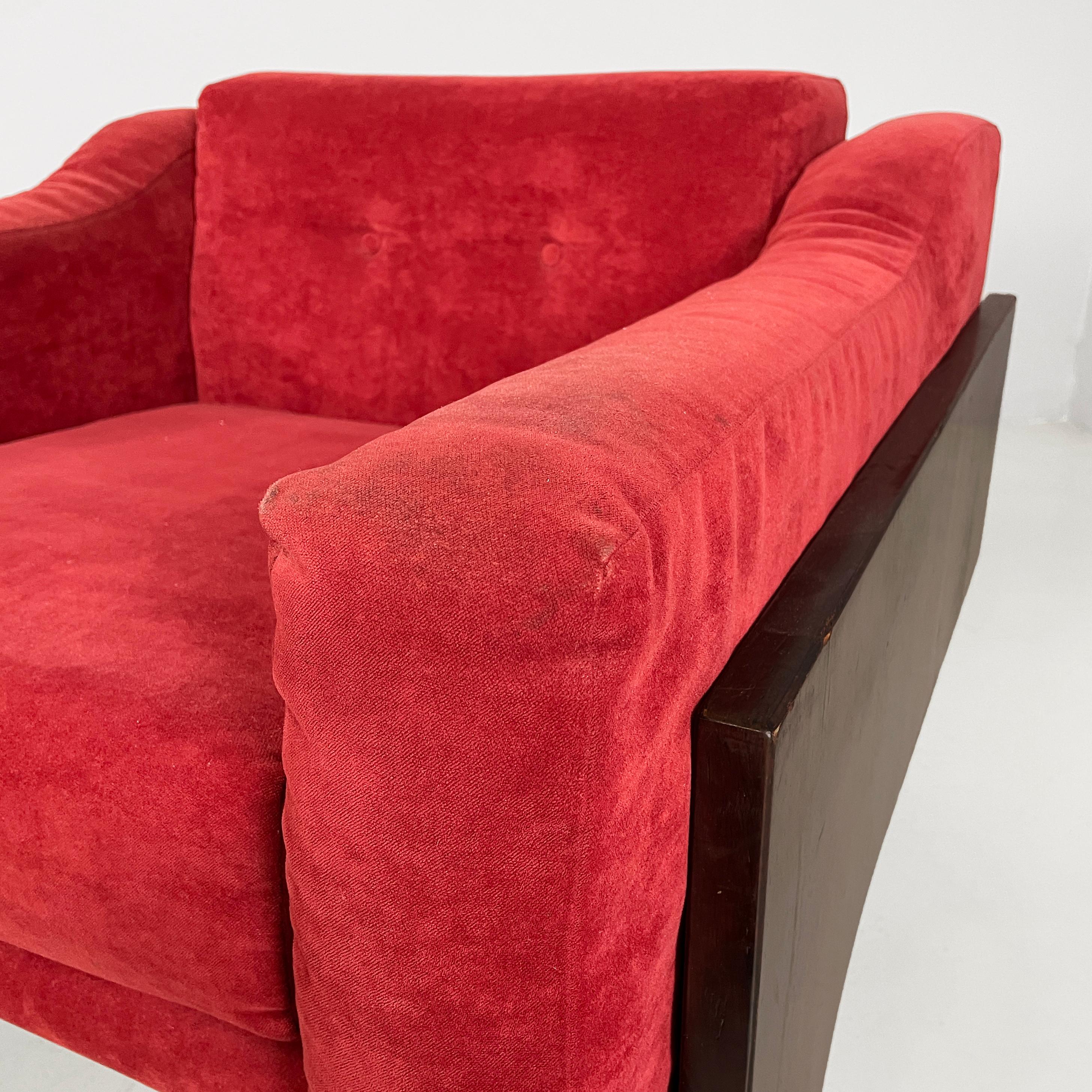 Late 20th Century Italian modern red velvet wood armchairs by Claudio Salocchi for Sormani, 1970s For Sale