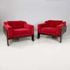 Sillones modernos italianos de madera aterciopelada roja de Claudio Salocchi para Sormani, años 70